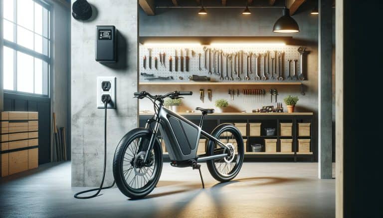 A modern electric bike plugged into a wall outlet, charging in a spacious, well-organized garage, in a 16_9 aspect ratio. The garage features an array.png