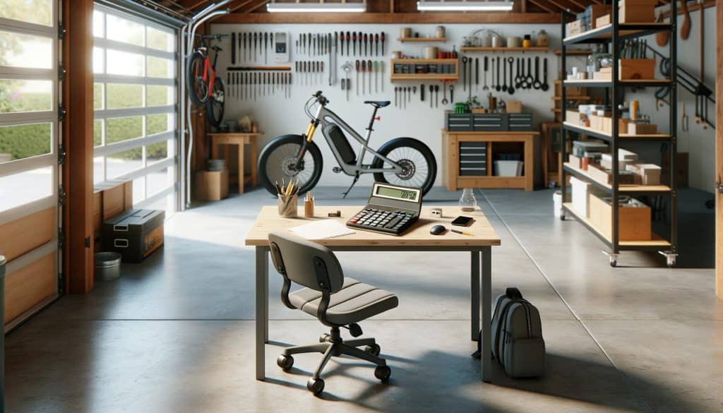 a small desk with a calculator in a tidy garage. On the desk, there's a calculator, some pape